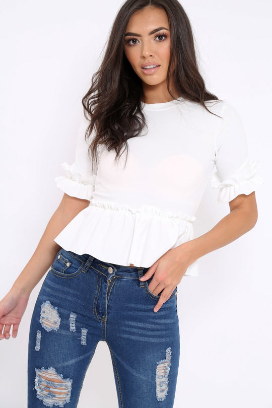 White Peplum Frill Detail Top - Carly