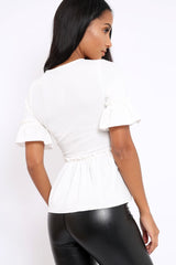 White Peplum Frill Detail Top with Frill Sleeves - Gretta-Tops