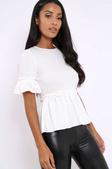 White Peplum Frill Detail Top with Frill Sleeves - Gretta-Tops