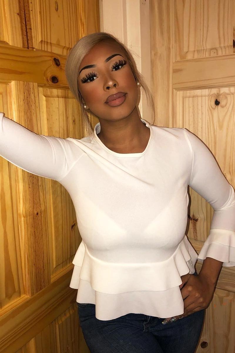 White Peplum Frill Long Sleeve Top - Fari-Tops