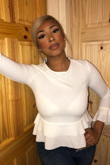 White Peplum Frill Long Sleeve Top - Fari-Tops
