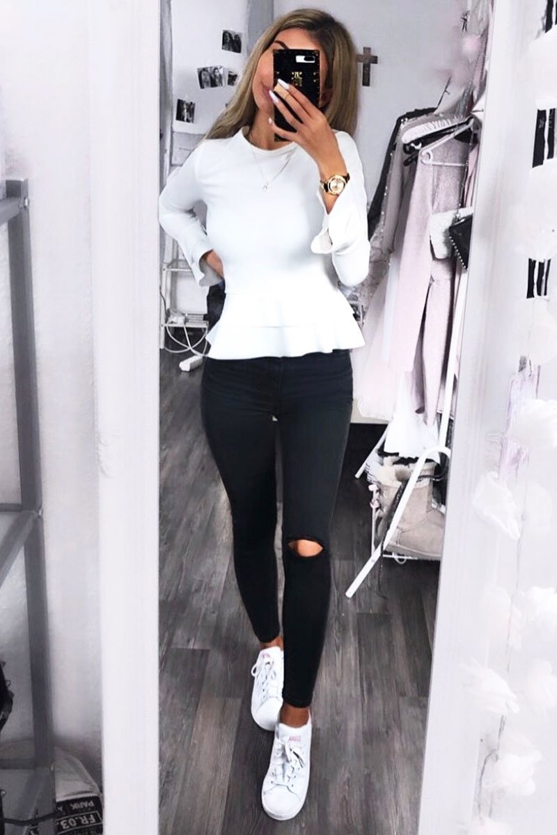 White Peplum Frill Long Sleeve Top - Fari-Tops