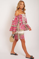 White Pink Bardot Belted Scarf Print Dress - Kessa-Dresses