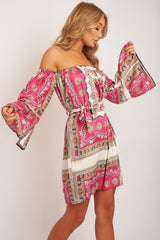 White Pink Bardot Belted Scarf Print Dress - Kessa-Dresses