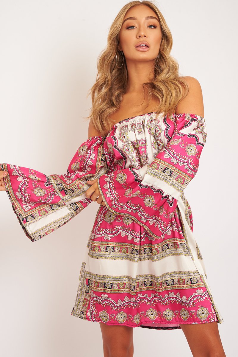 White Pink Bardot Belted Scarf Print Dress - Kessa-Dresses