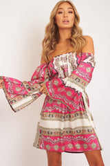 White Pink Bardot Belted Scarf Print Dress - Kessa-Dresses