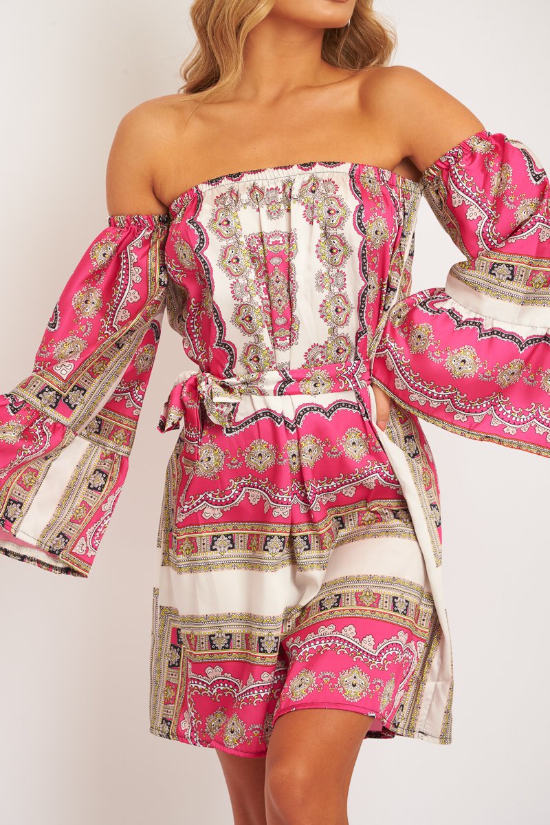 White Pink Bardot Belted Scarf Print Dress - Kessa-Dresses