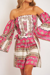 White Pink Bardot Belted Scarf Print Dress - Kessa-Dresses