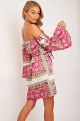 White Pink Bardot Belted Scarf Print Dress - Kessa-Dresses