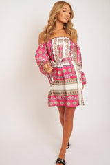 White Pink Bardot Belted Scarf Print Dress - Kessa-Dresses