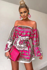 White Pink Bardot Belted Scarf Print Dress - Kessa-Dresses