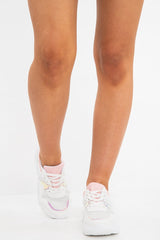 White Pink Cleated Sole Lace Up Chunky Trainers - Gradie-Trainers