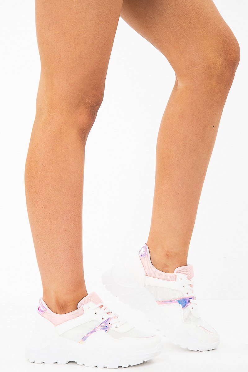 White Pink Cleated Sole Lace Up Chunky Trainers - Gradie-Trainers