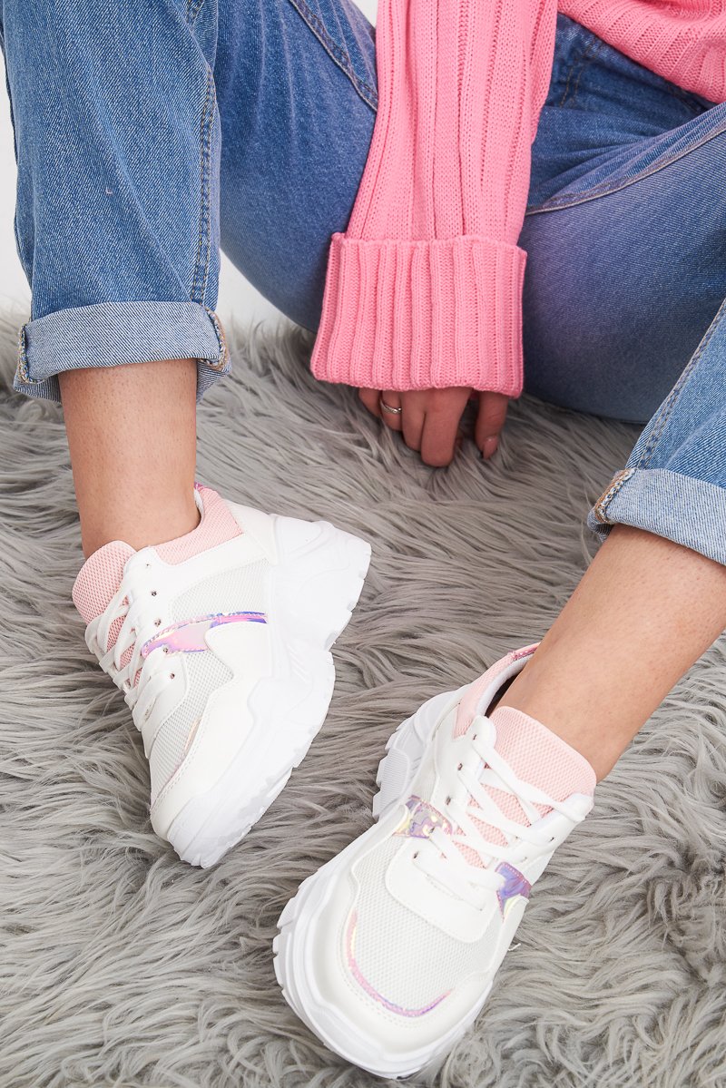 White Pink Cleated Sole Lace Up Chunky Trainers - Gradie-Trainers