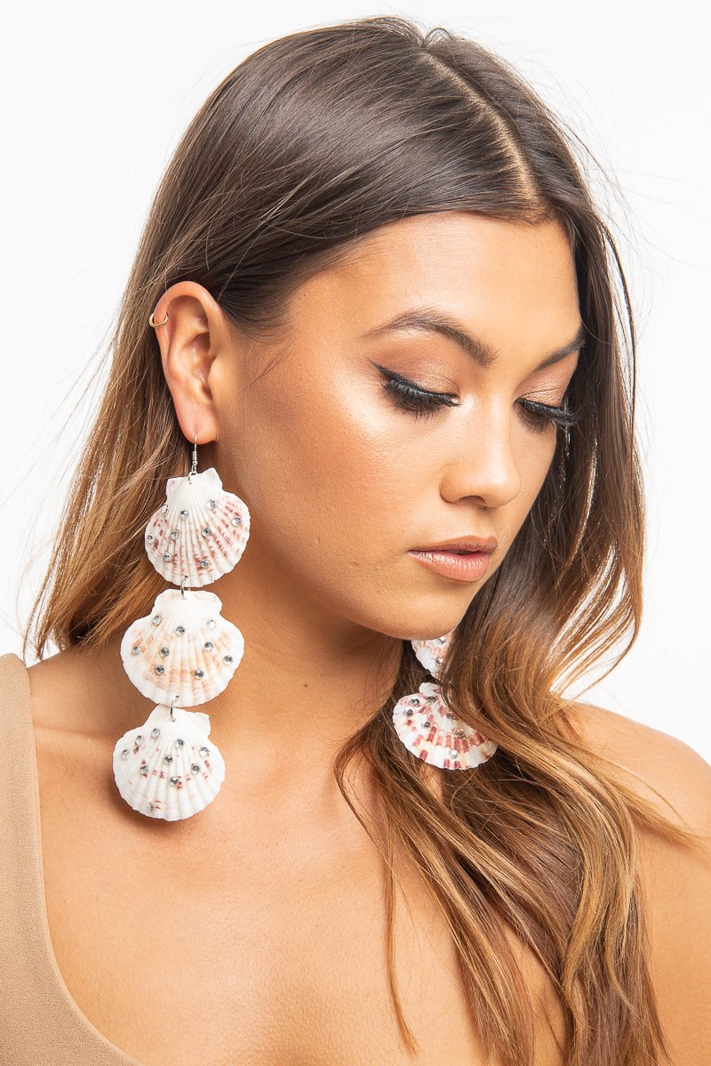 White Pink Diamante 3 Drop Shell Earrings -Amey-Jewellery