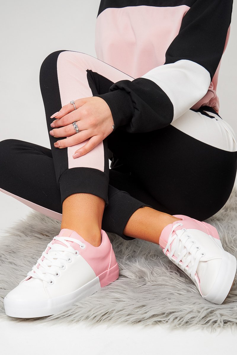 White Pink Faux Leather Colour Block Trainers - Rissie-Trainers