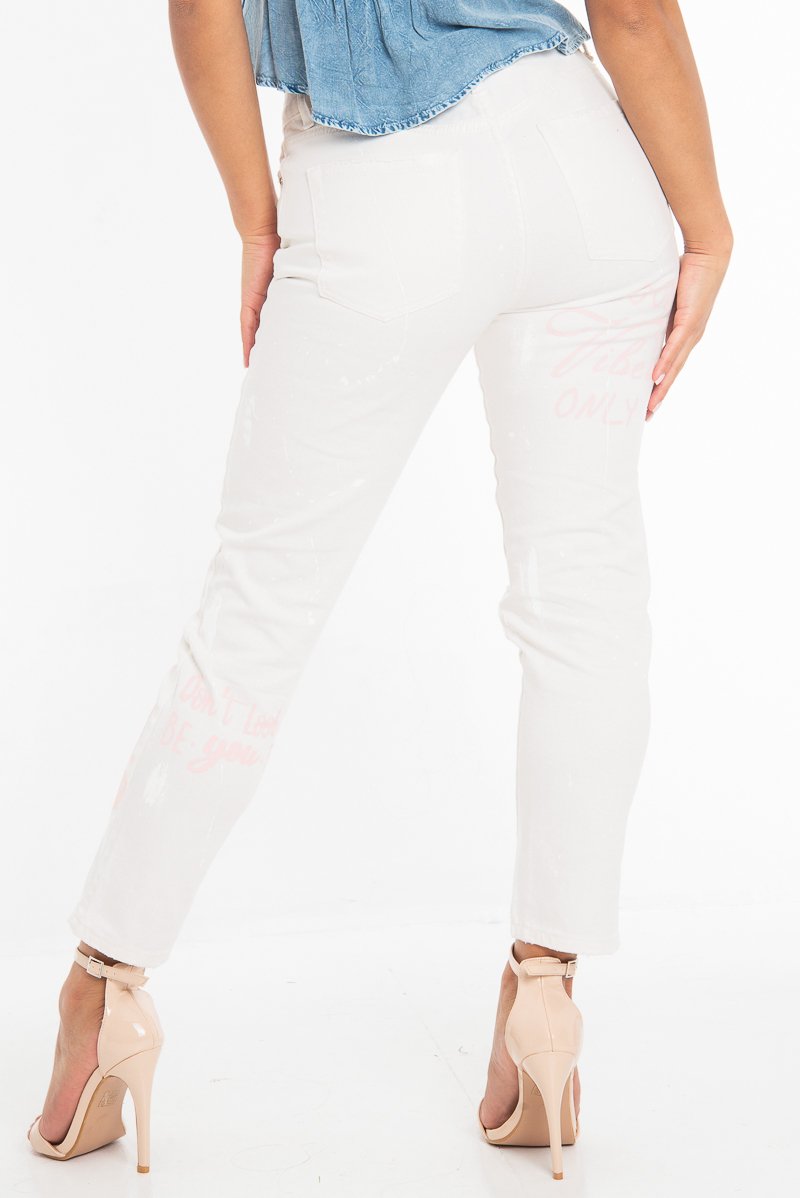 White Pink Graffiti Slogan Print Mom Jeans - Rosy-Jeans