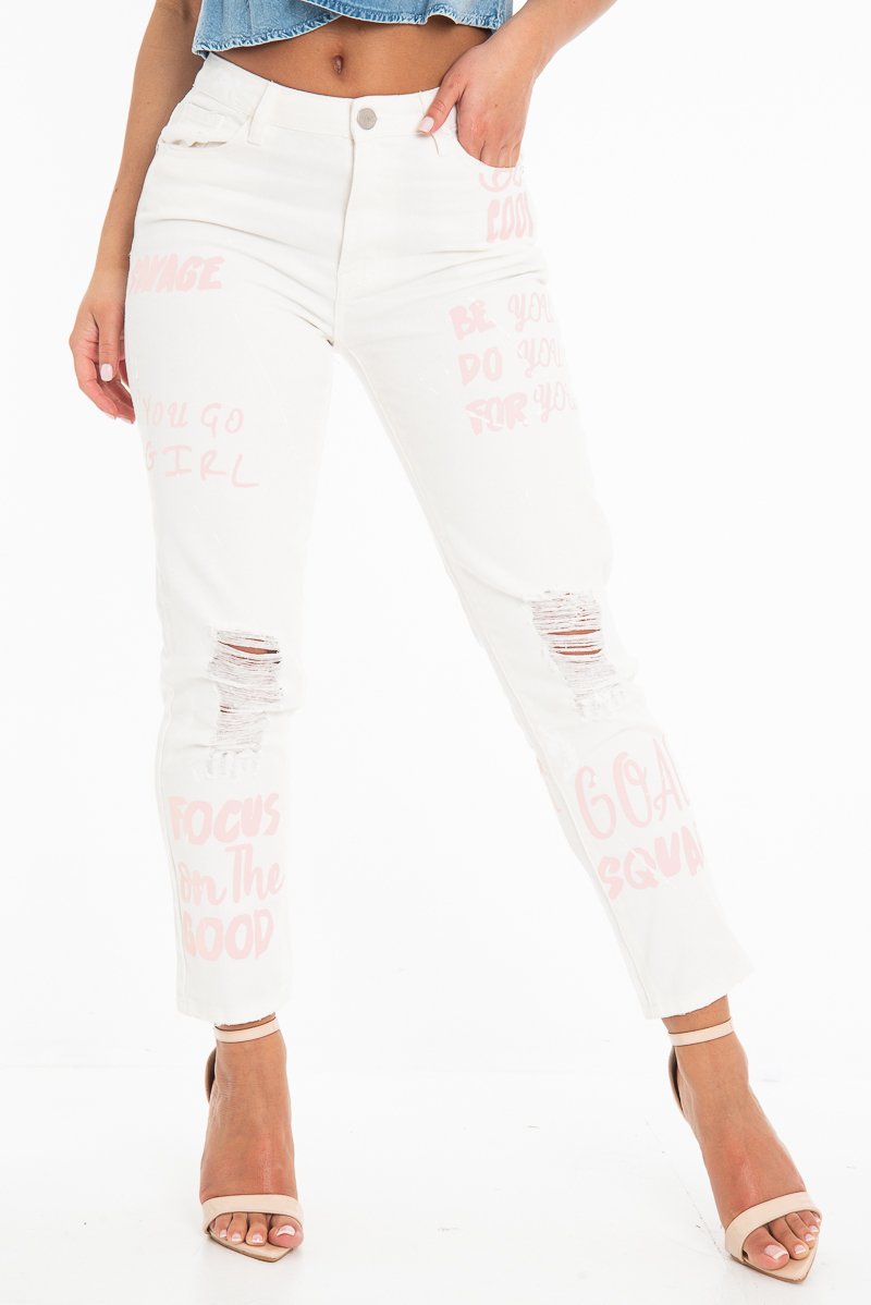 White Pink Graffiti Slogan Print Mom Jeans - Rosy-Jeans