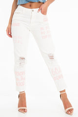 White Pink Graffiti Slogan Print Mom Jeans - Rosy-Jeans