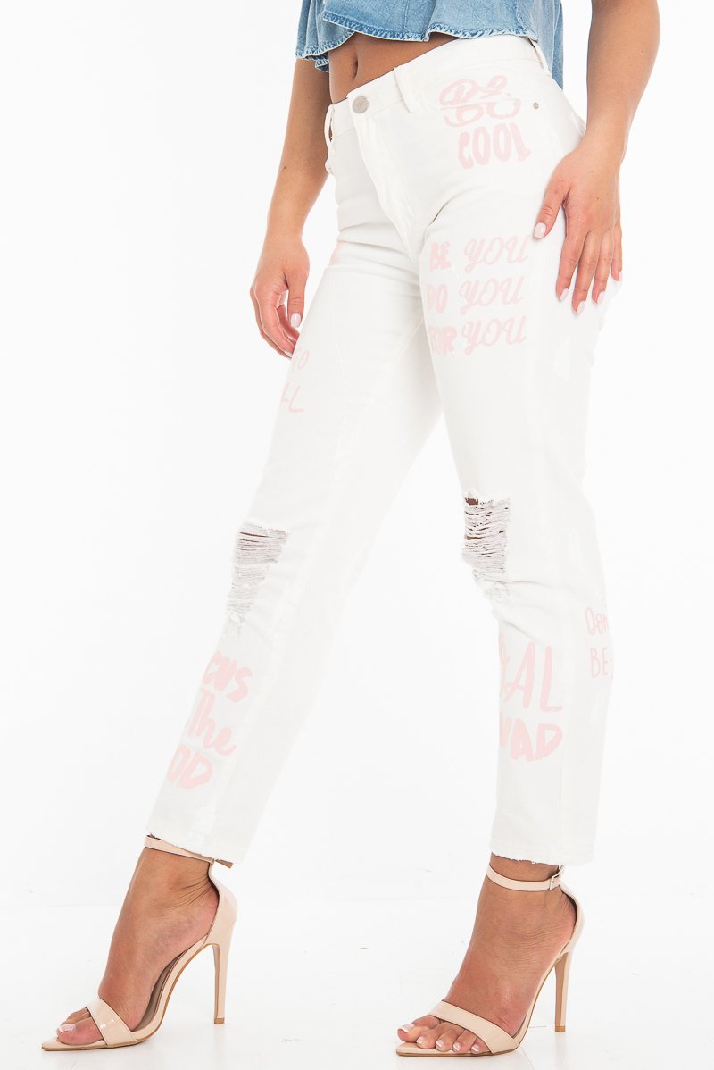 White Pink Graffiti Slogan Print Mom Jeans - Rosy-Jeans