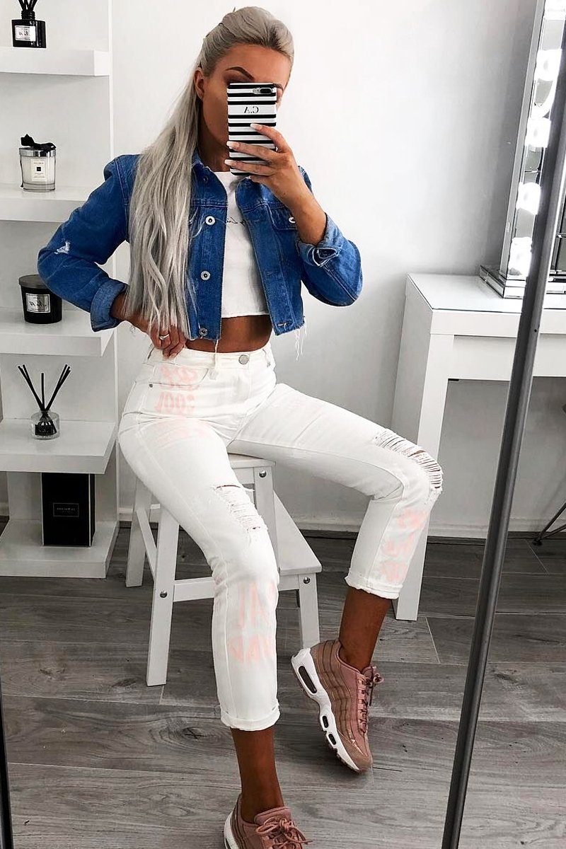 White Pink Graffiti Slogan Print Mom Jeans - Rosy-Jeans