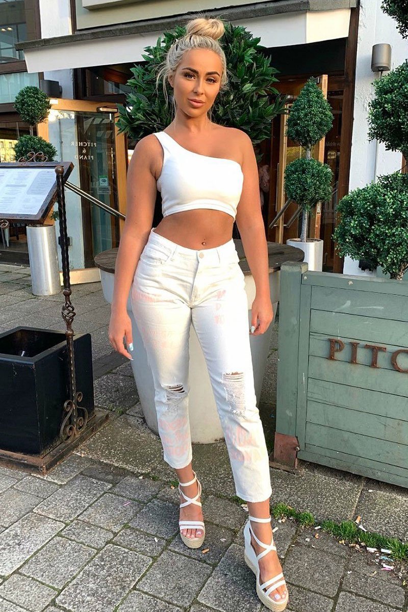 White Pink Graffiti Slogan Print Mom Jeans - Rosy-Jeans