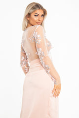 White Pink Mesh Floral Tie Front Crop Top - Elana-Crop Tops