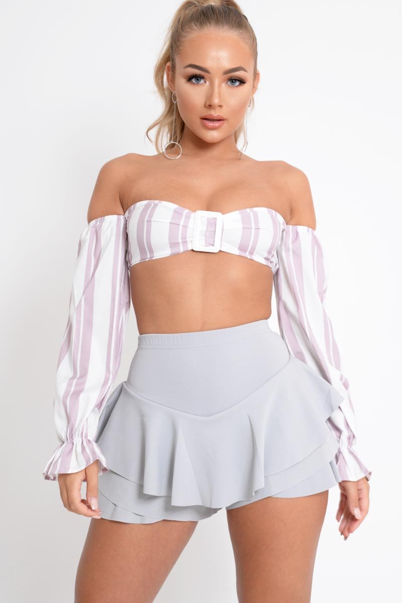 White Pink Stripe Buckle Front Extreme Bardot Crop Top - Theora-Crop Tops