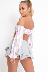 White Pink Stripe Buckle Front Extreme Bardot Crop Top - Theora-Crop Tops