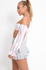 White Pink Stripe Buckle Front Extreme Bardot Crop Top - Theora-Crop Tops