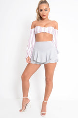 White Pink Stripe Buckle Front Extreme Bardot Crop Top - Theora-Crop Tops