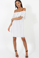 White Pinstripe Bardot Dress - Pip-Dresses