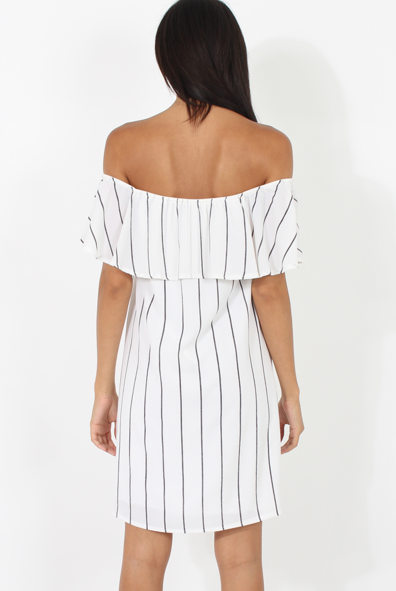 White Pinstripe Bardot Dress - Pip-Dresses