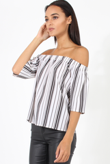 White Pinstripe Off Shoulder Top - Klara-Tops