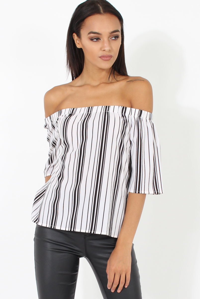 White Pinstripe Off Shoulder Top - Klara-Tops