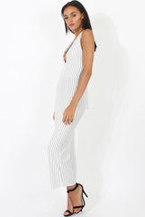 White Pinstripe Plunge Culotte Jumpsuit - Francine-Jumpsuits