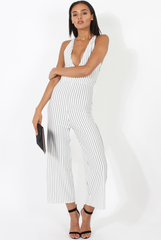 White Pinstripe Plunge Culotte Jumpsuit - Francine-Jumpsuits