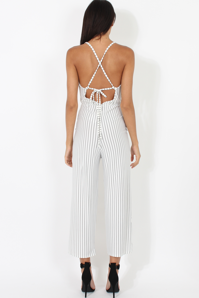 White Pinstripe Plunge Culotte Jumpsuit - Francine-Jumpsuits