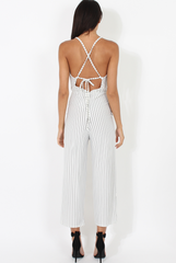 White Pinstripe Plunge Culotte Jumpsuit - Francine-Jumpsuits