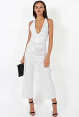 White Pinstripe Plunge Culotte Jumpsuit - Francine-Jumpsuits
