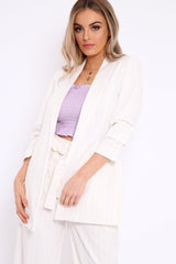 White Pinstripe Ruched Sleeve Blazer - Romelia-Jackets