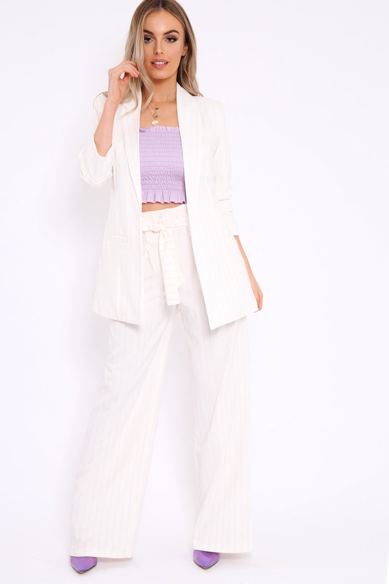 White Pinstripe Ruched Sleeve Blazer - Romelia-Jackets
