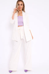 White Pinstripe Ruched Sleeve Blazer - Romelia-Jackets