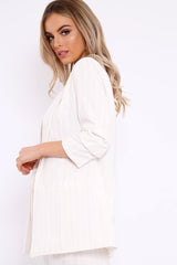 White Pinstripe Ruched Sleeve Blazer - Romelia-Jackets