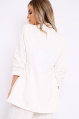 White Pinstripe Ruched Sleeve Blazer - Romelia-Jackets