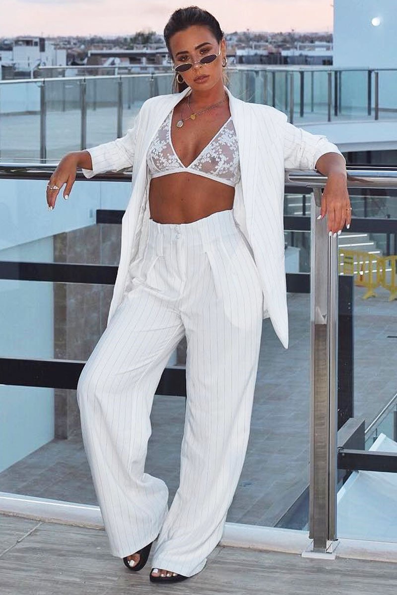 White Pinstripe Ruched Sleeve Blazer - Romelia-Jackets