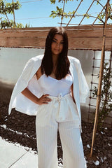 White Pinstripe Ruched Sleeve Blazer - Romelia-Jackets