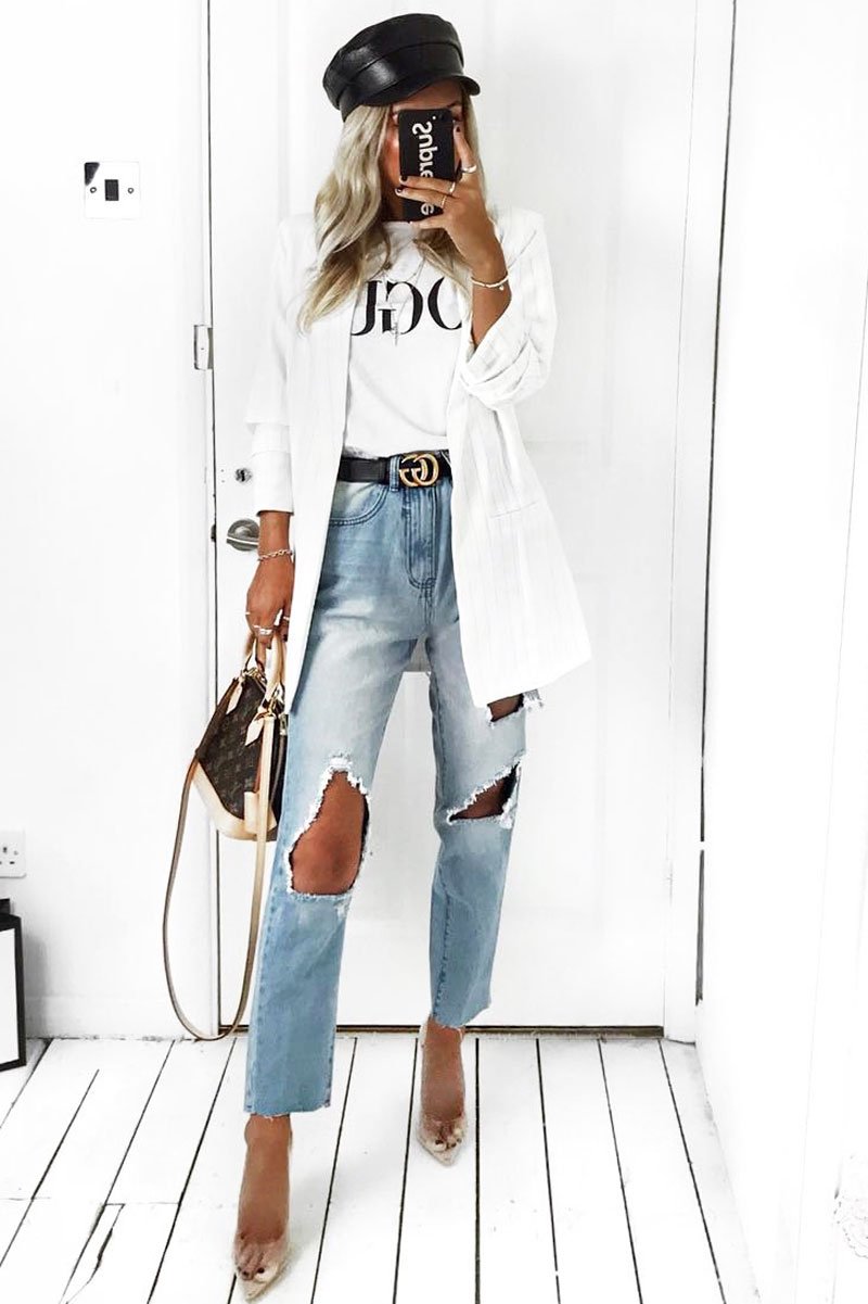White Pinstripe Ruched Sleeve Blazer - Romelia-Jackets