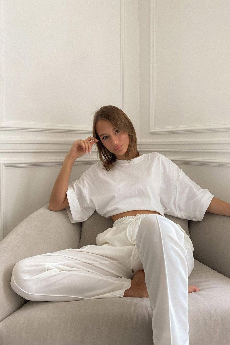 White Piping Detail Woven Trouser - Laila-Trousers