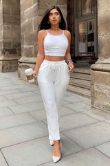 White Piping Detail Woven Trouser - Laila-Trousers